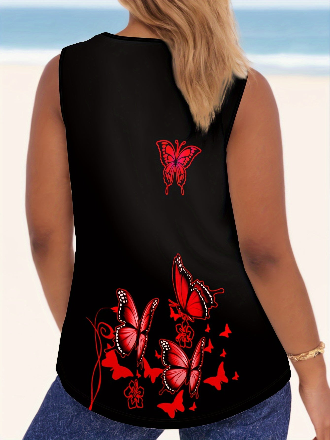 Top sin mangas de talla grande para mujer, negro, con estampado de mariposas y flores en 3D, casual para verano
