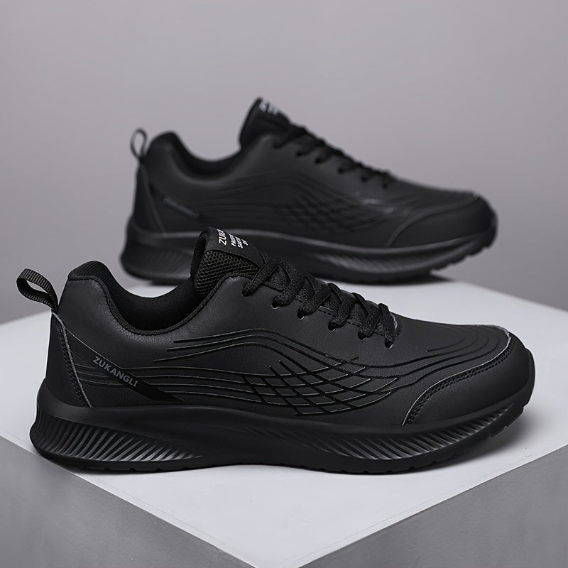 Men's Black Running Shoes Low Top Lace-Up Sneakers with Textured Fish Scale Pattern and Durable MD Sole