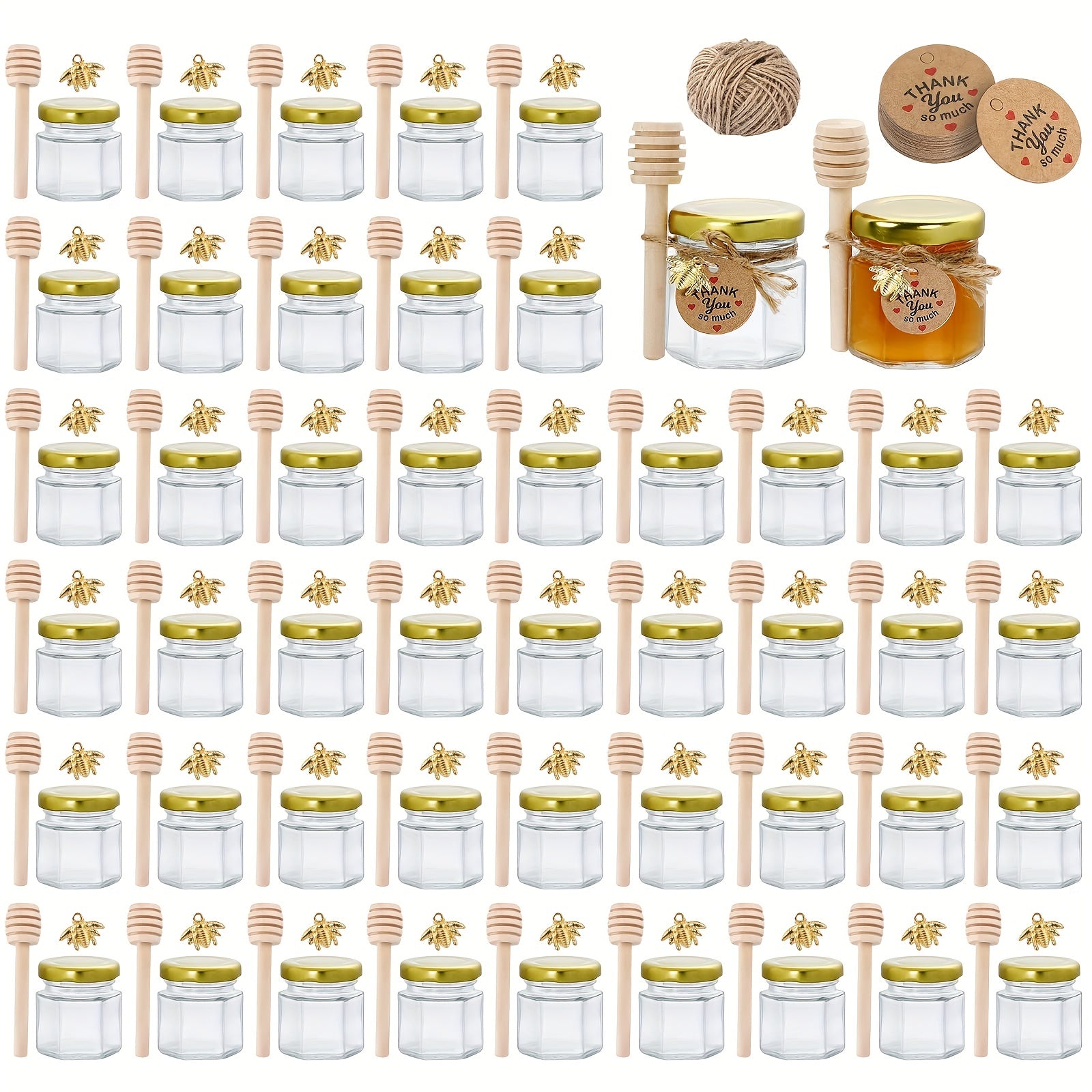Small Hexagonal Glass Honey Jars 1.5 oz Sets of 20 30 50 or 60 with Spoons Bee Symbols and Thank You Cards