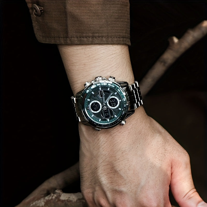 Men's Stainless Steel Sports Watch with Multifunctional Quartz and Luminous Display