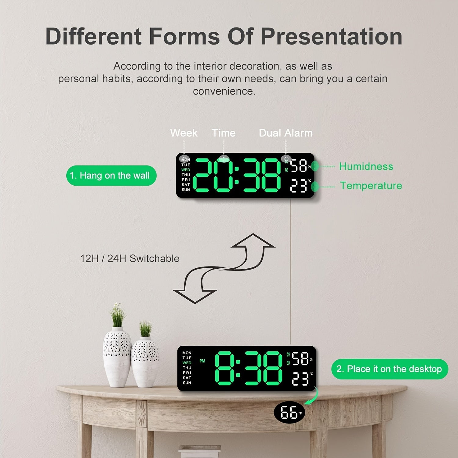 Large Digital Wall Clock with Dual Alarm Temperature Humidity Date Display