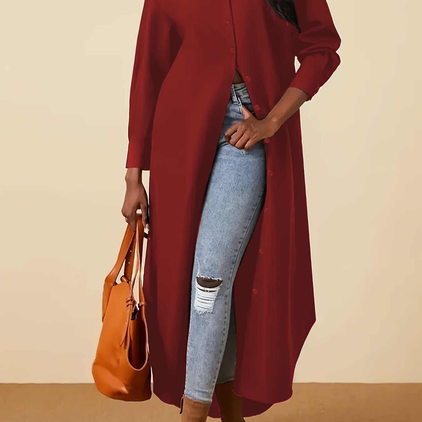 Vestido casual de talla grande para mujer con manga larga, cuello de solapa y botones