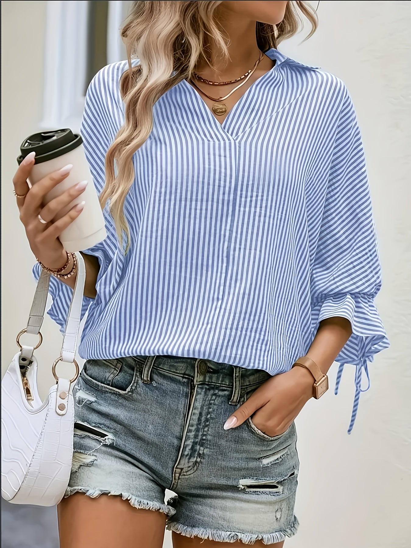 Plus Size Women's Striped Flared Sleeve Tie Back Shirt Vacation Wear