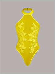 Women's Sheer Mesh Embroidered Floral Bodysuit High-Waisted Lingerie Set