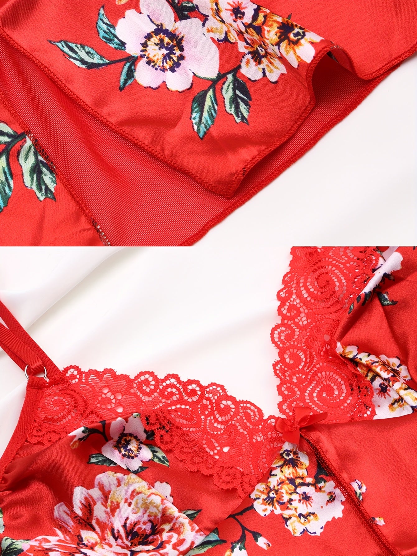 Plus Size Floral Print Lace Sleepwear Set with Split Red Roses Pink Floral