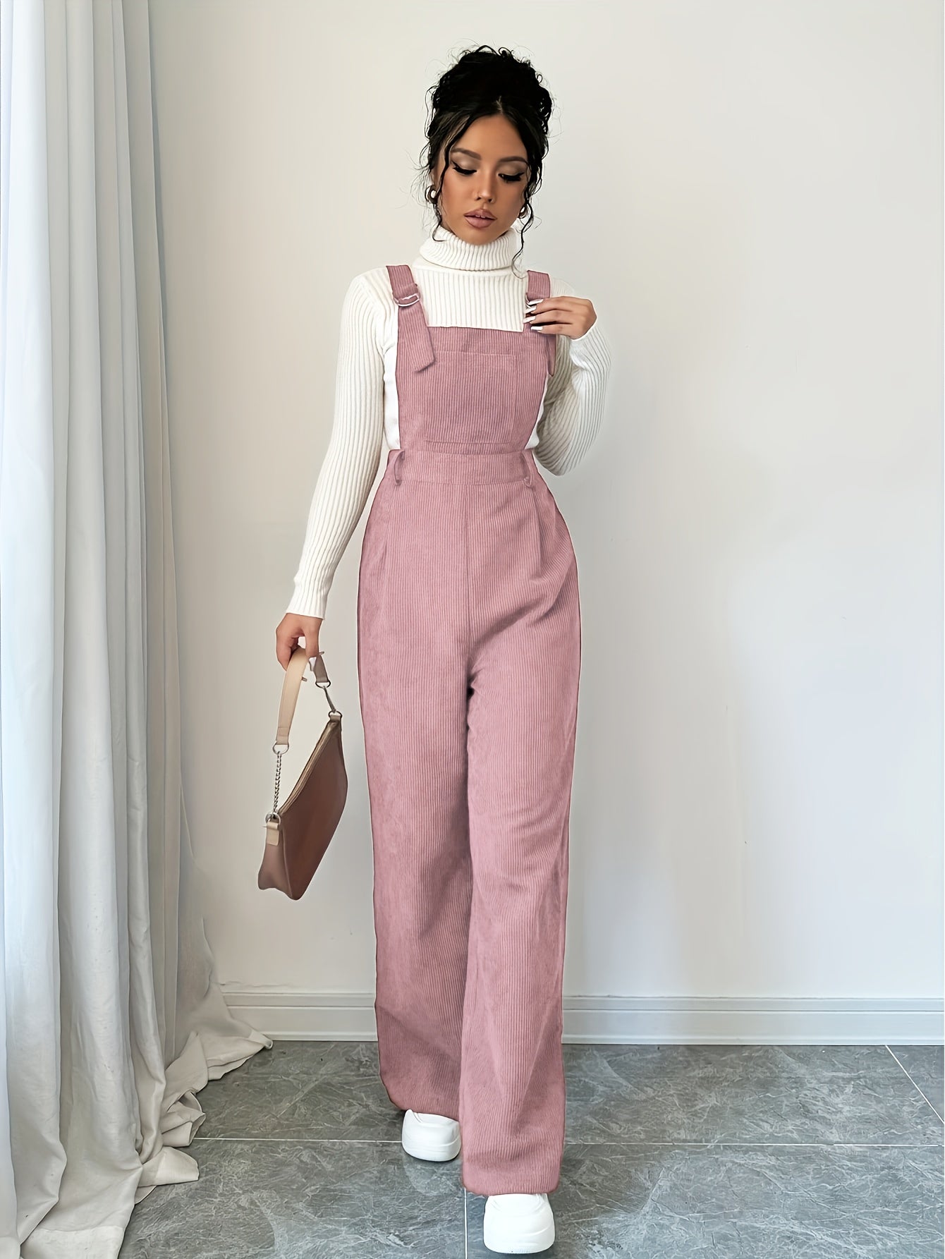 Women's Spandex Polyester Jumpsuit with Wide Straps and Button Details for Fall Winter