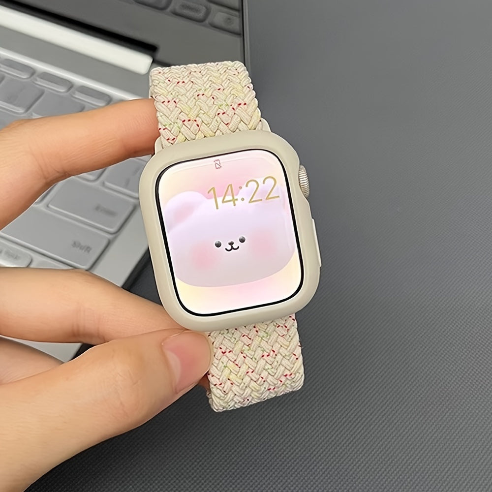 Adjustable Polyamide Watch Band Set with Breathable Elastic Woven Straps and Silicone Case for Apple Watch 38-49mm