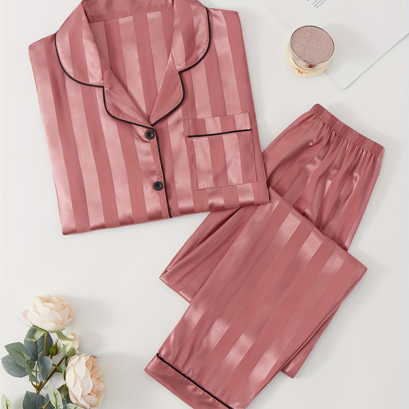 Women's Satin Pajama Set with Striped Long Sleeve Top and Lounge Pants Sleepwear Loungewear