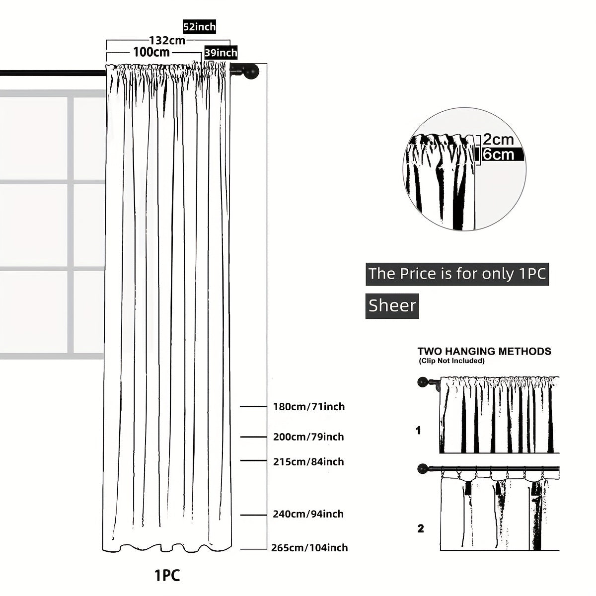 White Sheer Curtain with Rod Pocket for Living Room and Bedroom Decor