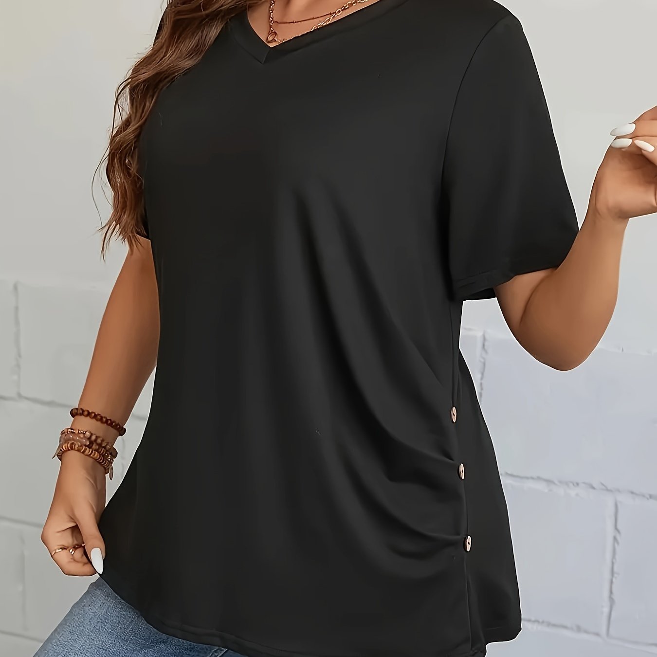Women's Plus Size Green V-Neck Short Sleeve Casual T-Shirt