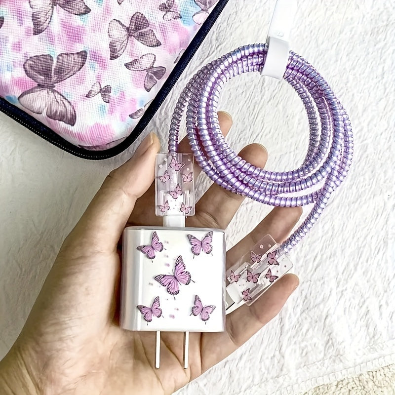Purple Butterfly iPhone Charger Covers 5 Pack TPU Protective Cases Fast Charging