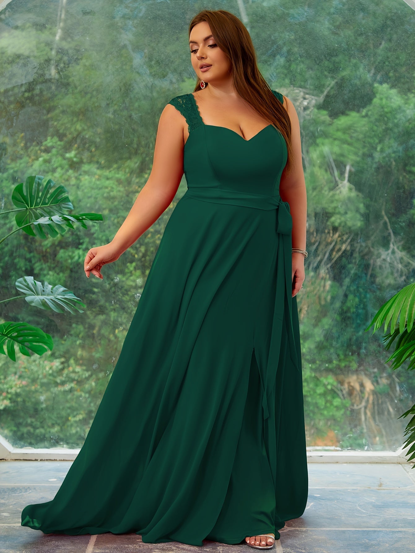 Plus Size Women Lace Evening Prom Dress Formal Gown with High Slit