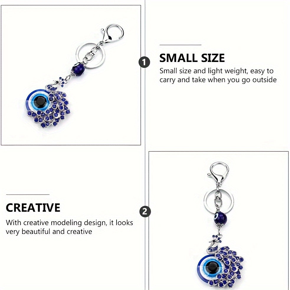 Blue Evil Eye Keychain with Rhinestone Peacock Design Alloy Bag Charm for Women
