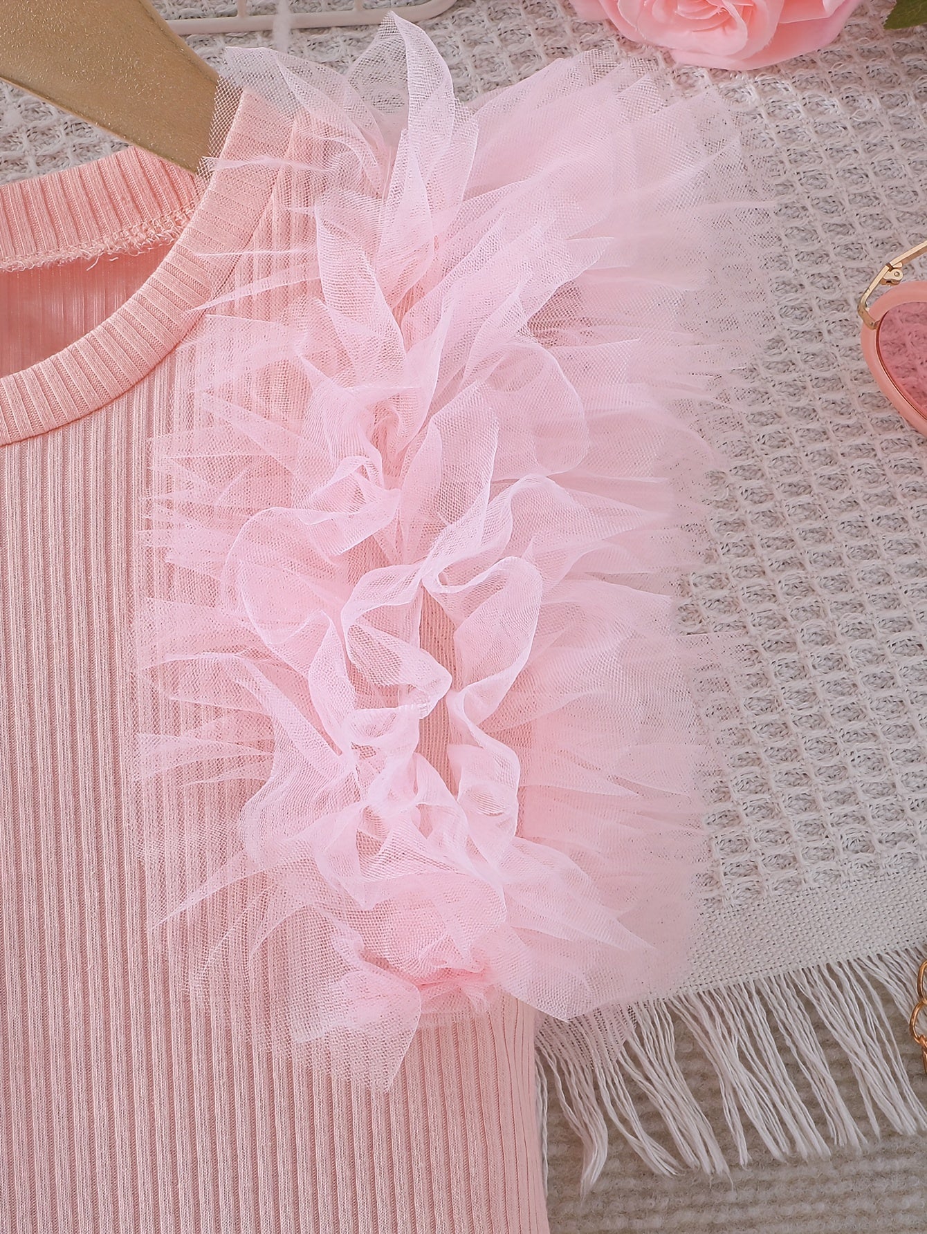 Girls Tulle Sleeve Bodycon Dress for Summer with Ruffle Details