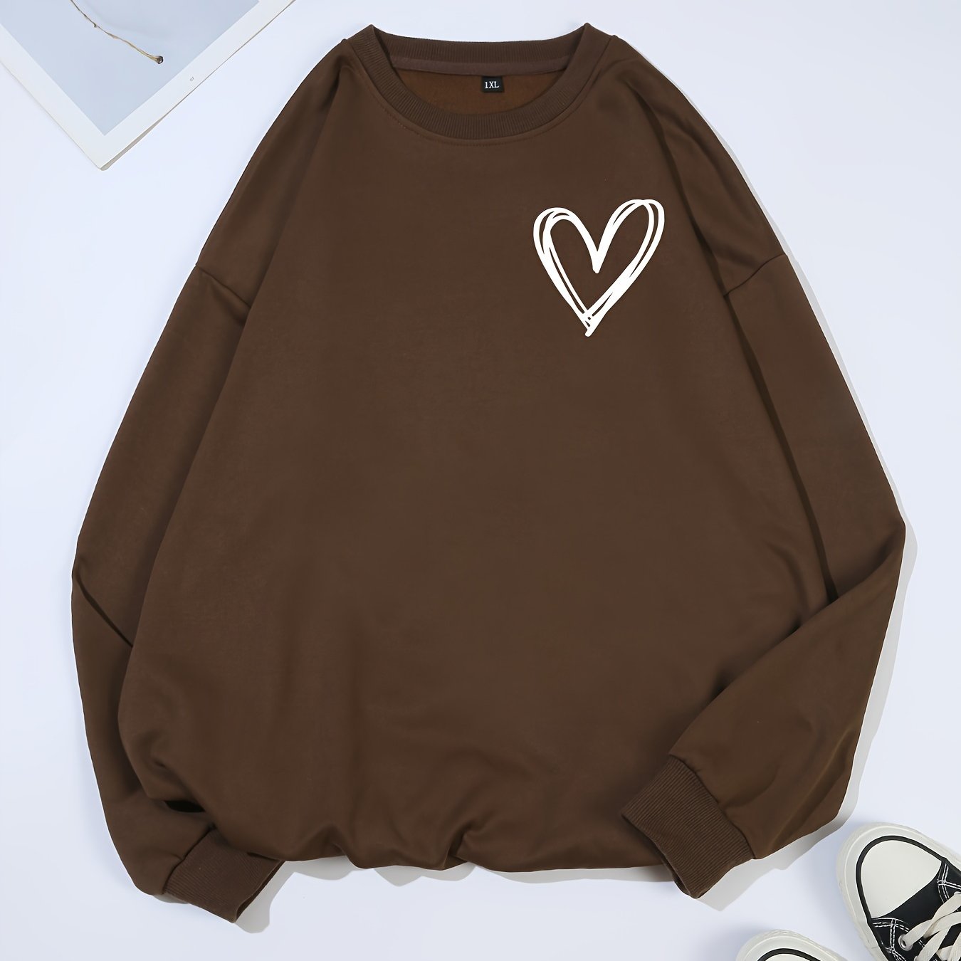 Women's Oversized Cotton Sweatshirt with Black Heart Print Casual Pullover