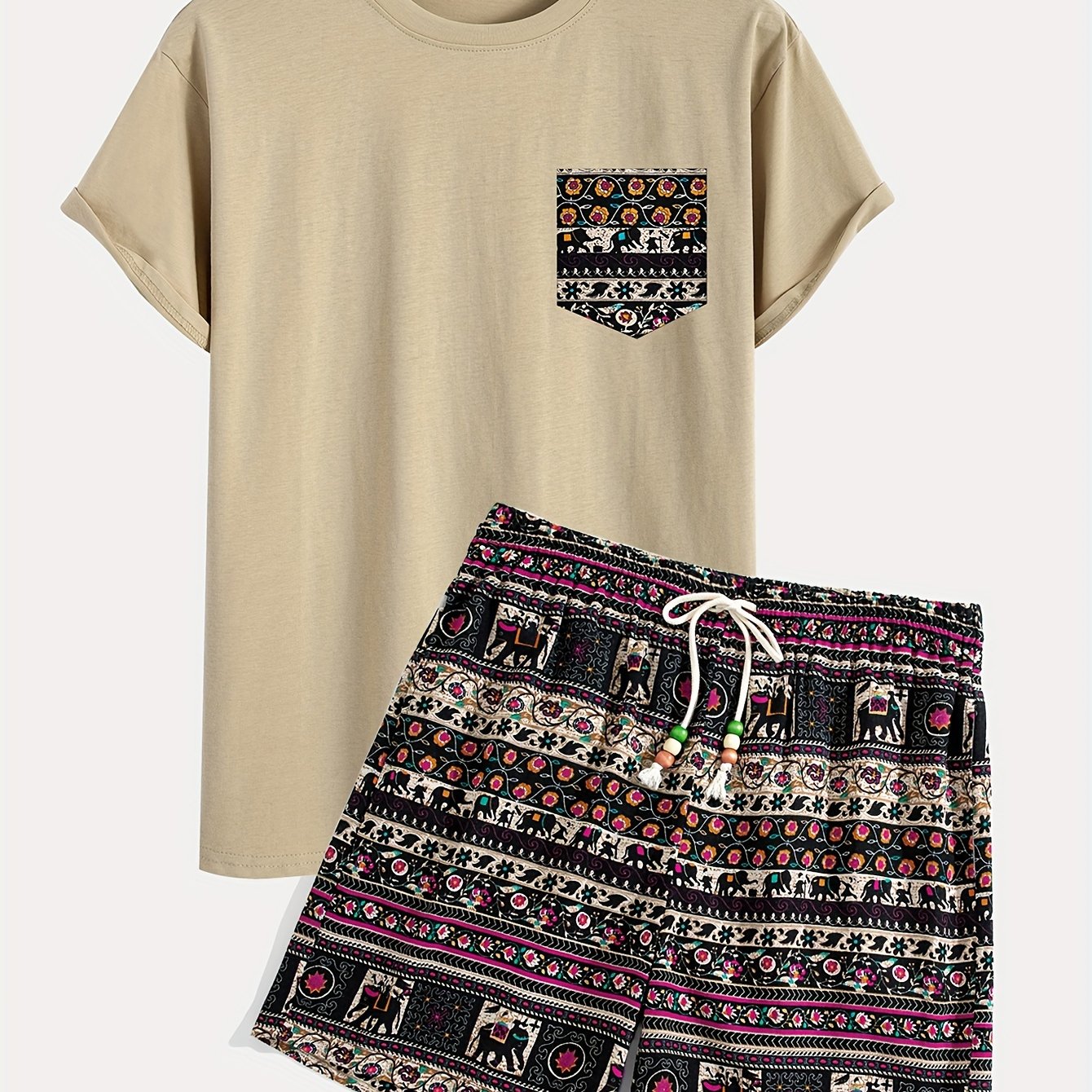 Boho Tribal Print Cotton T-Shirt and Shorts Set Loose Fit Spring Outfit