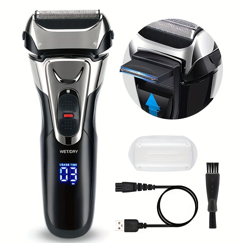 Electric shaver LED display USB rechargeable 3-head stainless steel blades portable for home travel office car