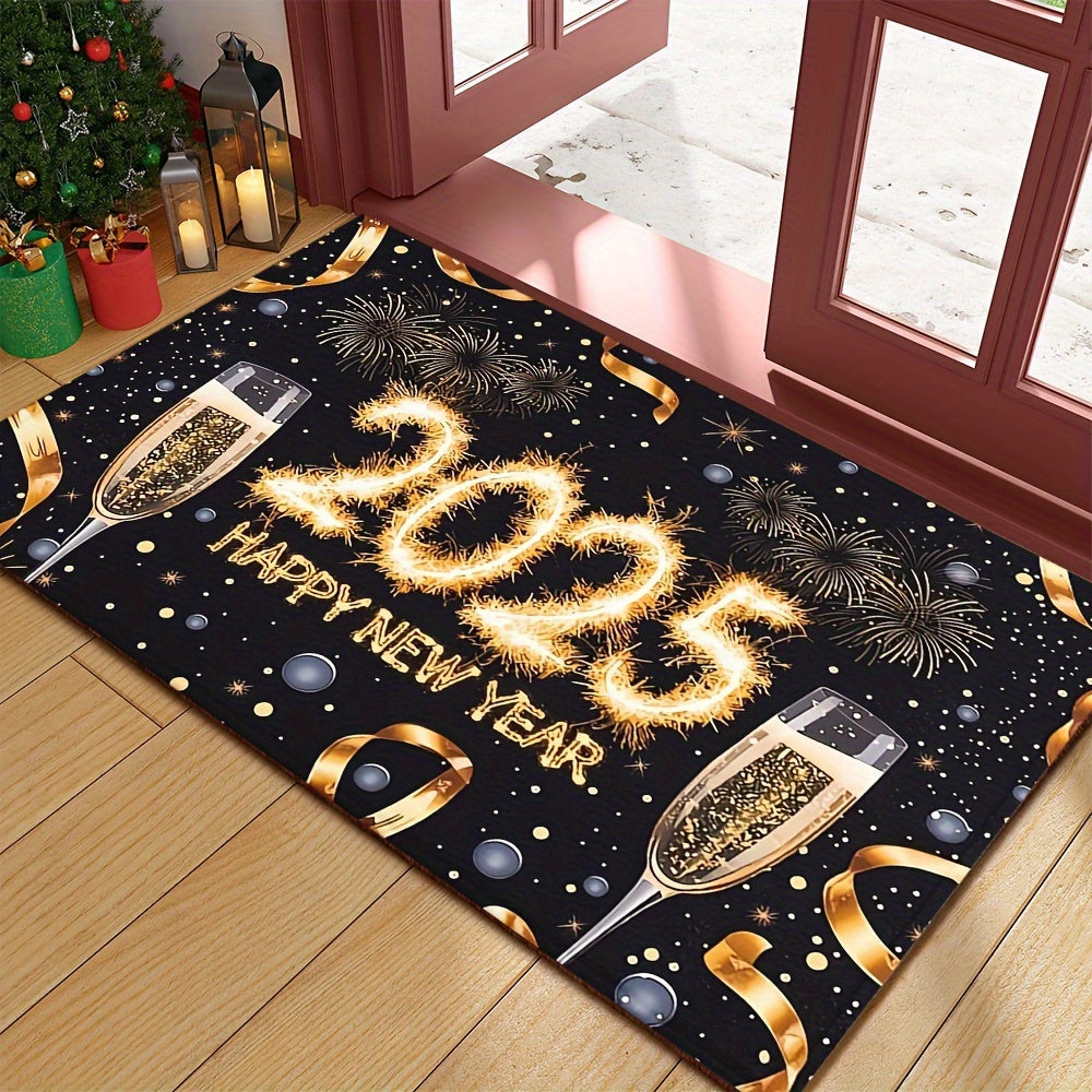 Rectangular Polyester Fiber Doormat with Champagne Cup Print Non-Slip Machine Washable for Entryway Kitchen Bathroom