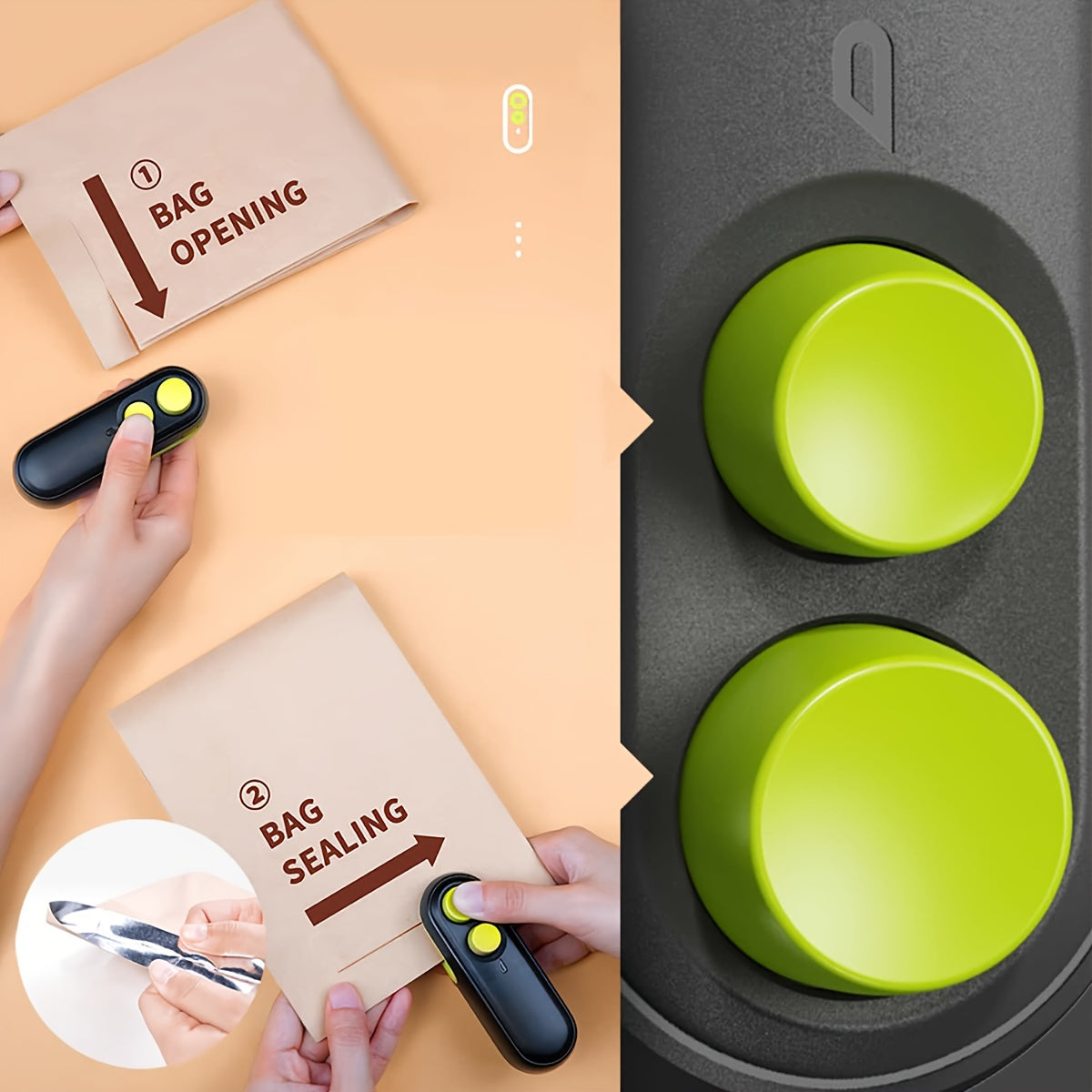 Máquina compacta y recargable para sellar bolsas de plástico con función de apertura de bolsa