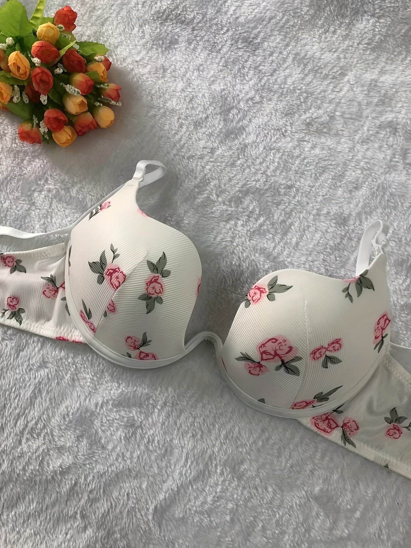Three Pack Floral Lingerie Bras for Adults Polyester Elastane Knit Fabric U-Shape Scoop Non-Removable Padding Underwire