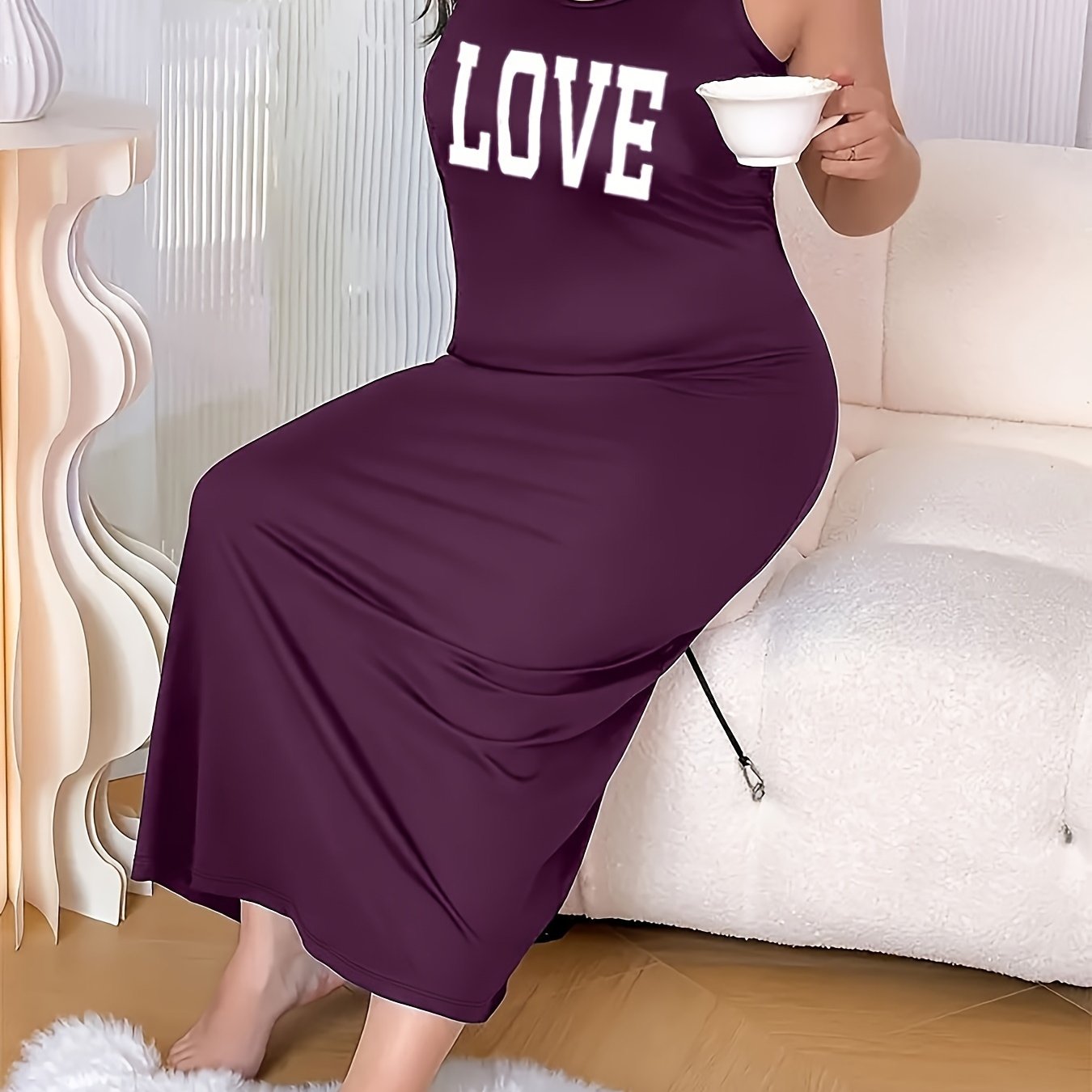 Plus Size Sleeveless Nightgown Maroon Love Letter Print Sleepwear for Women