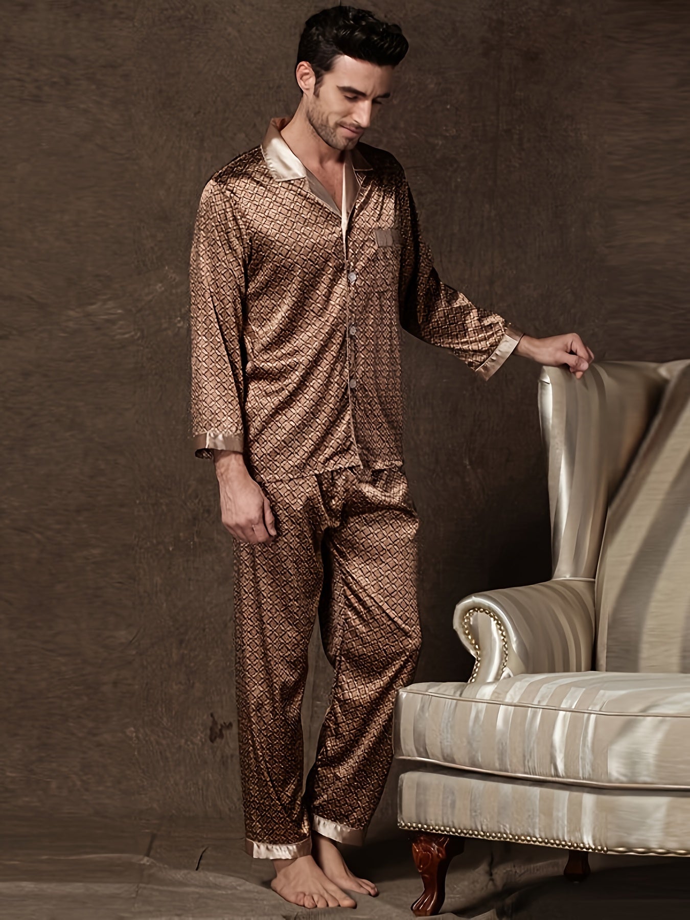 Men's Vintage Geometric Print Pajama Set Long Sleeve Trousers Lounge Wear Polyester