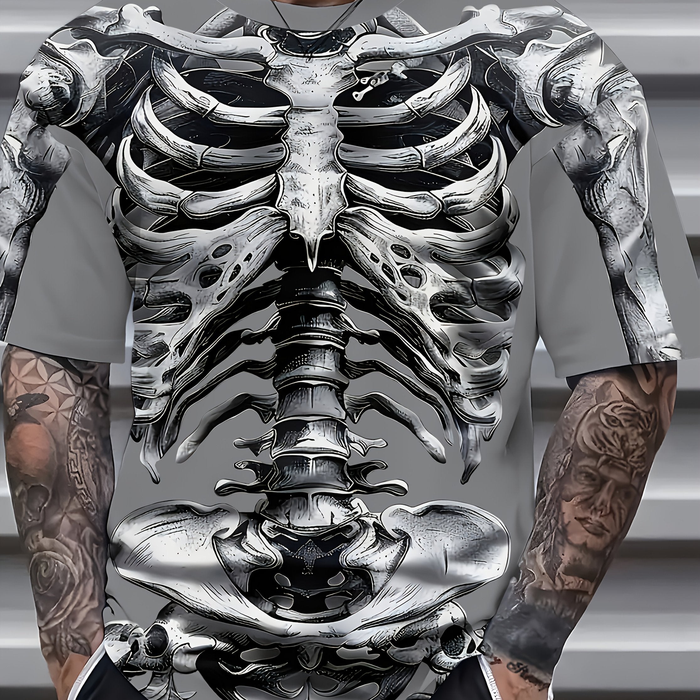 Футболка с графическим принтом черепа для мужчин большого размера, короткий рукав, круглый вырез, летняя повседневная, вязаный материал