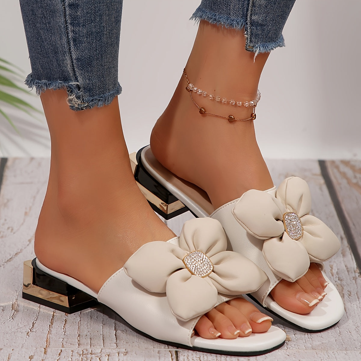 Women's Faux Leather Slip-On Sandals with Bowknot and Floral Accent