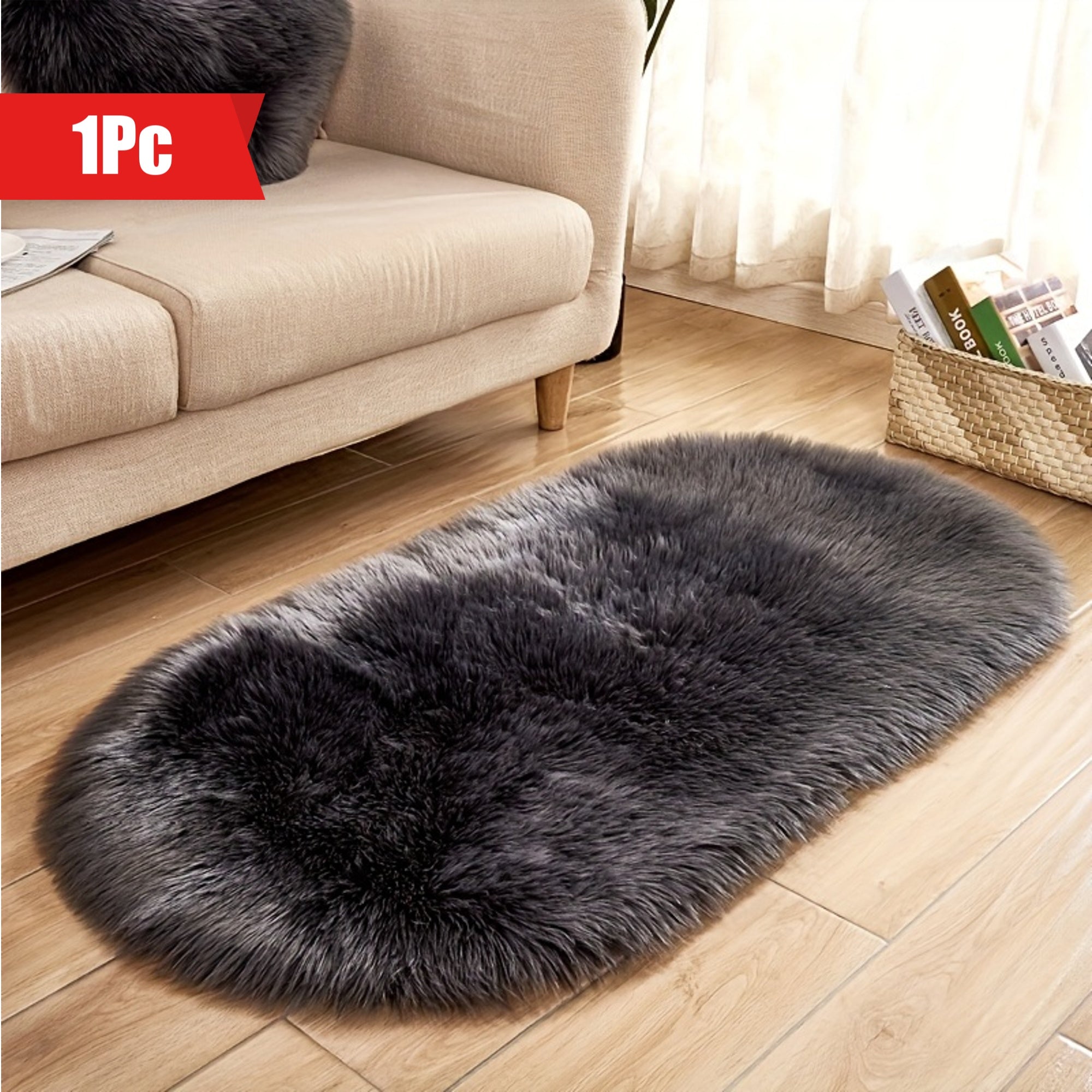 Oval Faux Sheepskin Rug Plush Shaggy Carpet Machine Washable Bedroom Living Room