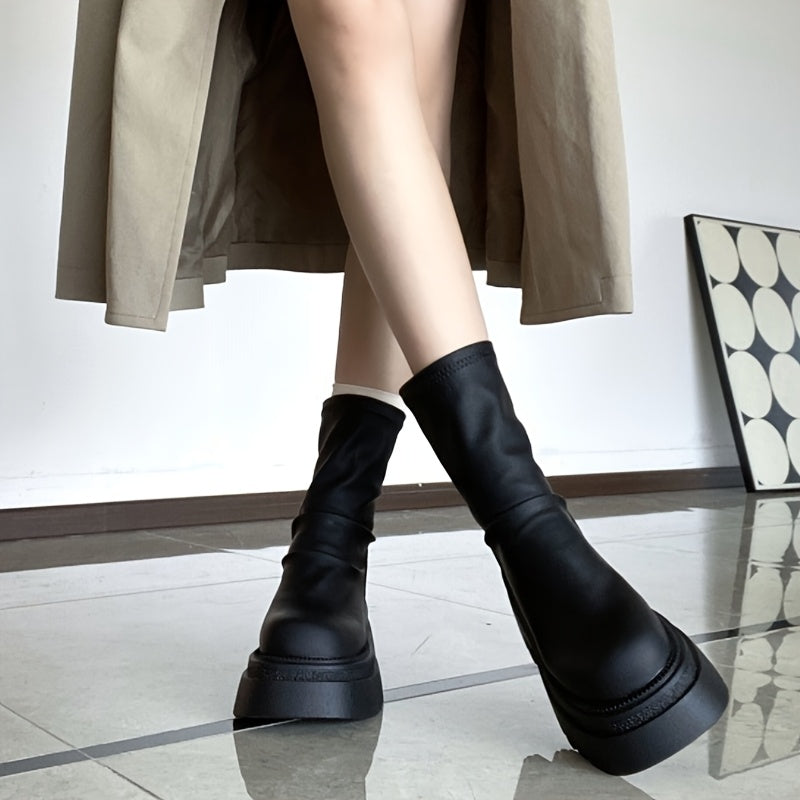 Women's Chunky Platform Ankle Boots Black Slip-Resistant PU Synthetic Closure