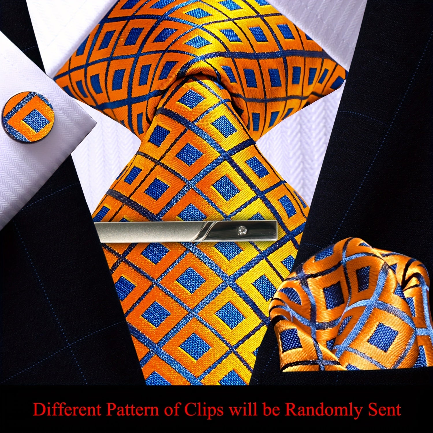 Men's Plaid Tie Pocket Square Cufflinks and Clip Set