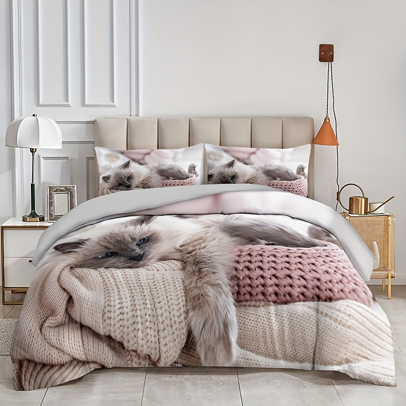 Polyester Duvet Cover Set with 3 Pieces 1 Duvet Cover 2 Pillowcases All Season Cat Print Bedding