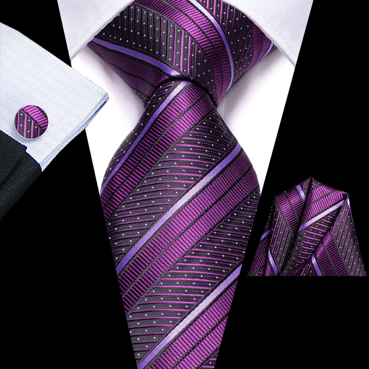 Striped Necktie Set with Cufflinks for Business, Parties, Weddings