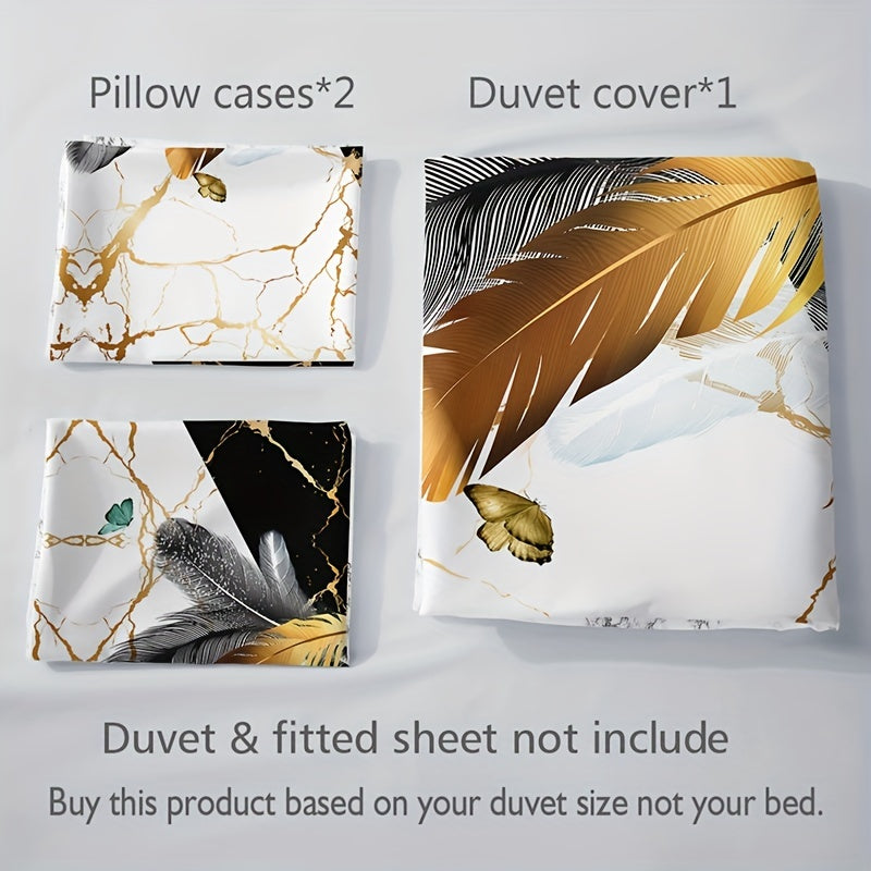 Duvet Cover Set with Marble Feather Print Soft Bedding for Bedroom and Guest Room