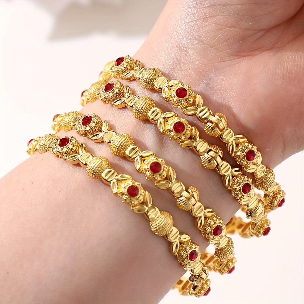Gold-Tone Cuff Bracelet Set for Women with Red Crystals Open Design Elegant Jewelry