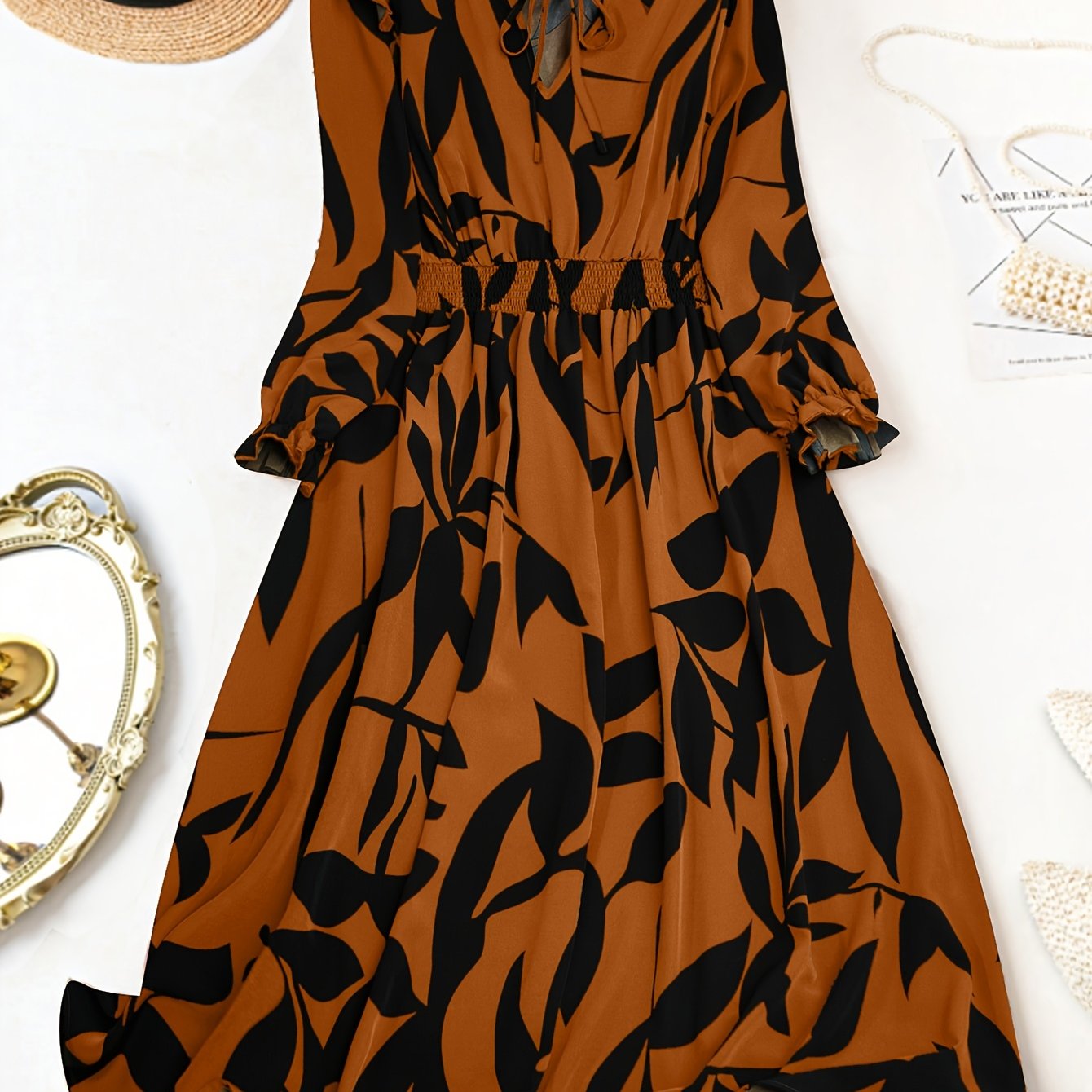 Plus Size V-Neck Dress with Puff Sleeves Pleated Fit and Flare All-Season