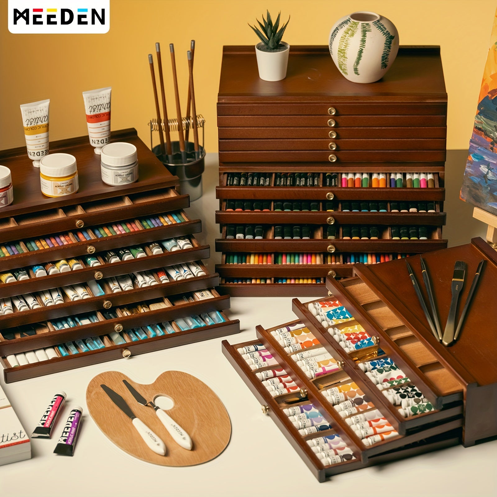Wooden Art Supply Organizer with Removable Drawers - 4/6/10 Compartments for Pastels Pencils and More