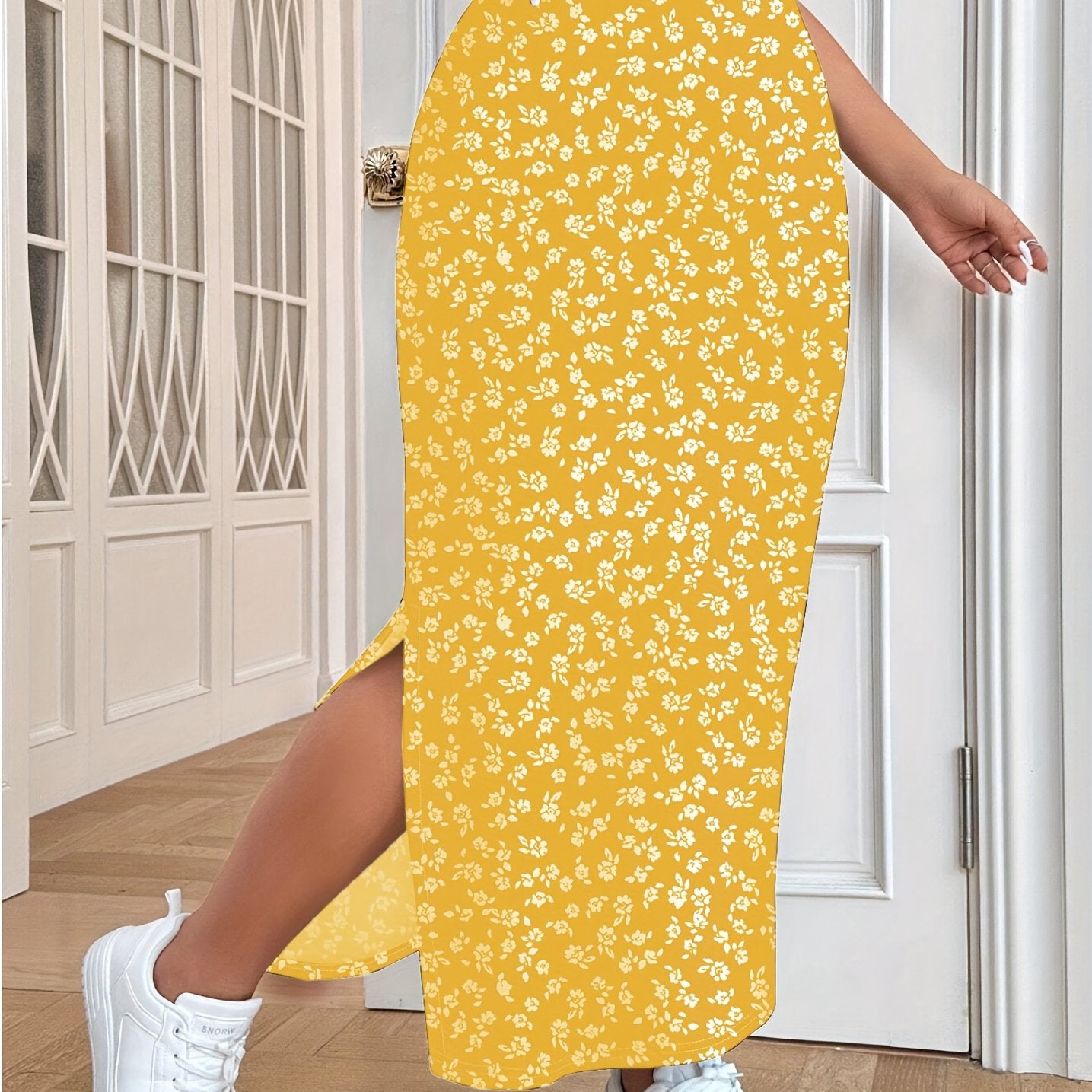 Women's Plus Size Elegant Floral A-Line Midi Skirt with High-Waisted Split Hem Navy Blue Ditsy Print