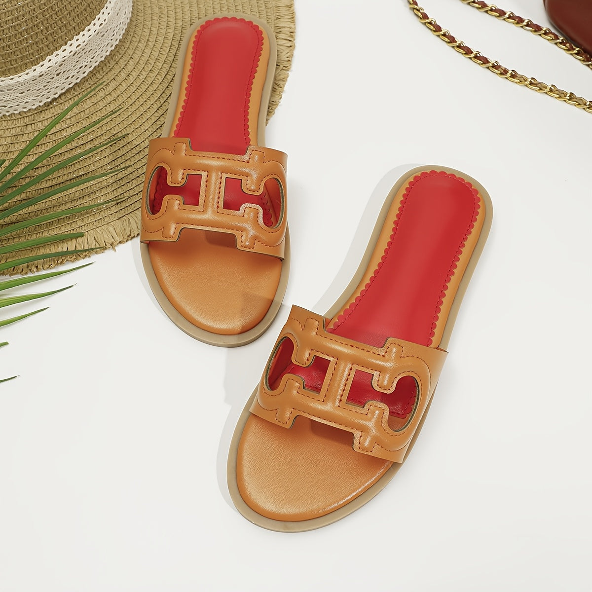 Women's Summer Slip-On Slippers Black PU Open-Toe Flat Casual