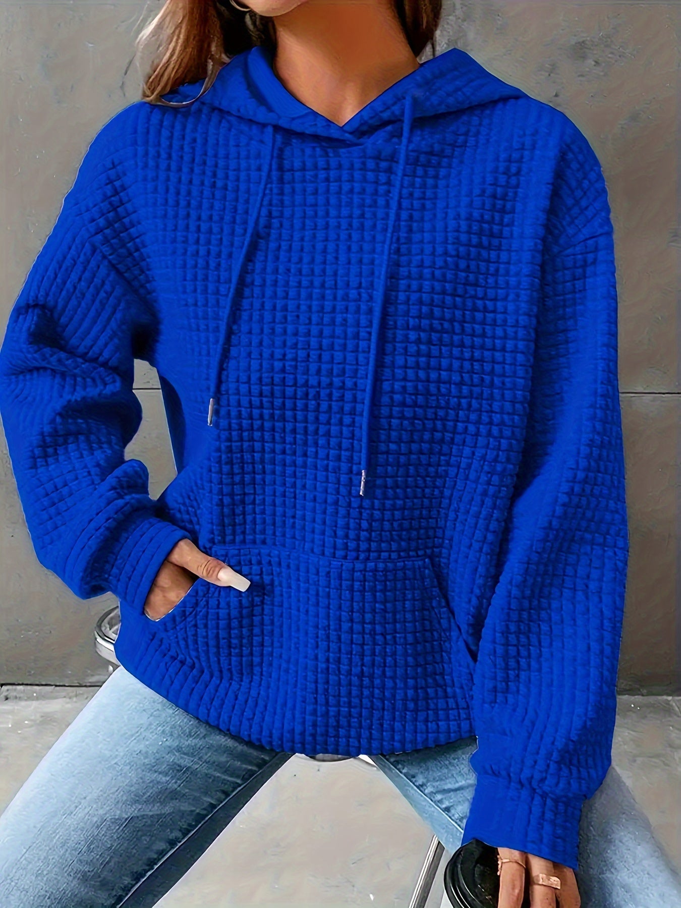 Plus Size Waffle Hoodie Long Sleeve Casual Kangaroo Pocket Sweatshirt