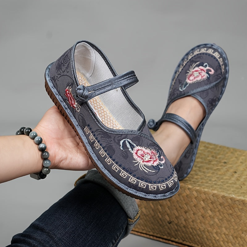 Women's Embroidered Flower Mary Janes Lightweight Slip-On Shoes for Spring Summer