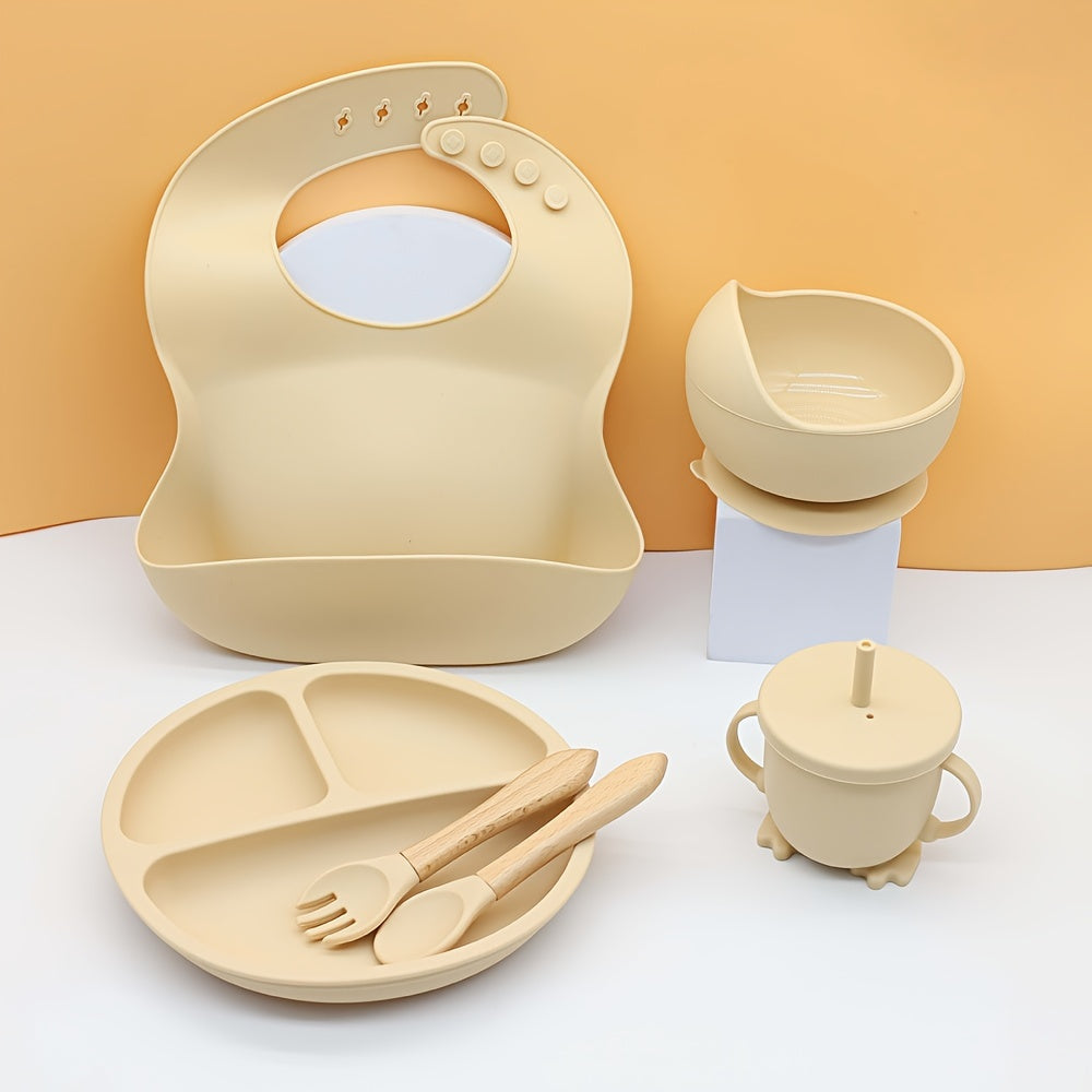 Baby Feeding Set 6 Pieces Silicone Tableware with Bowl Plate Cup Spoon Fork Red