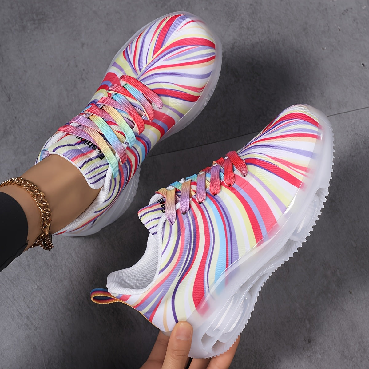 Women’s Rainbow Striped Mesh Sneakers Low-Top Casual Shoes Breathable Flexible