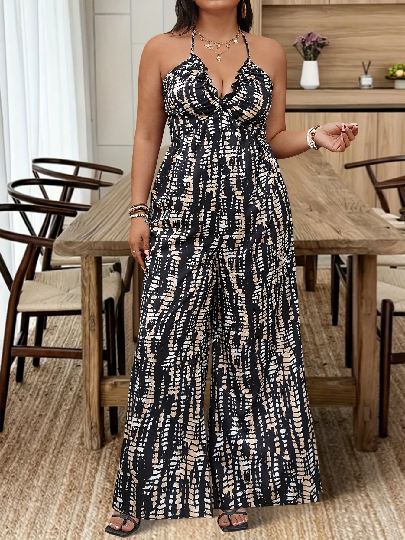 Plus Size Women's V-Neck Ruffled Sleeveless Jumpsuit Black White Herringbone