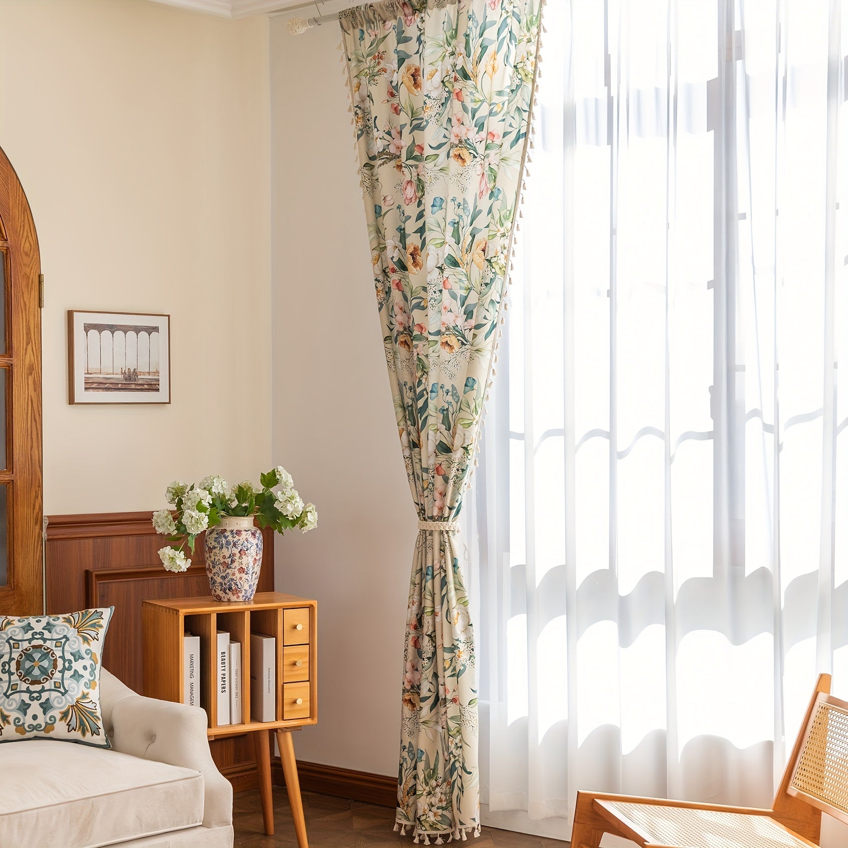 Multicolor Boho Farmhouse Curtains with Floral Design and Tassels for Privacy