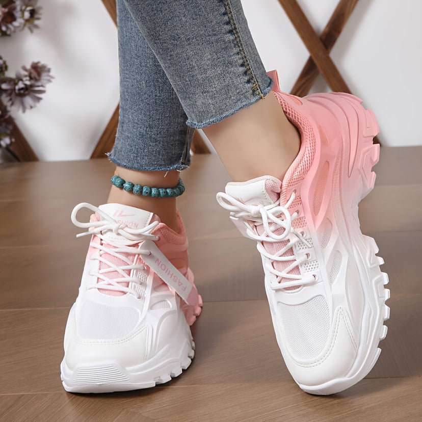 Women's Gradient Chunky Sneakers Low Top Lace-Up Running Shoes All-Season