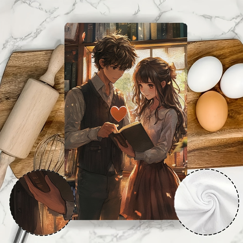 Two Pieces Ultra Soft Kitchen Towels Anime Boy and Girl Reading 16x24 Inches