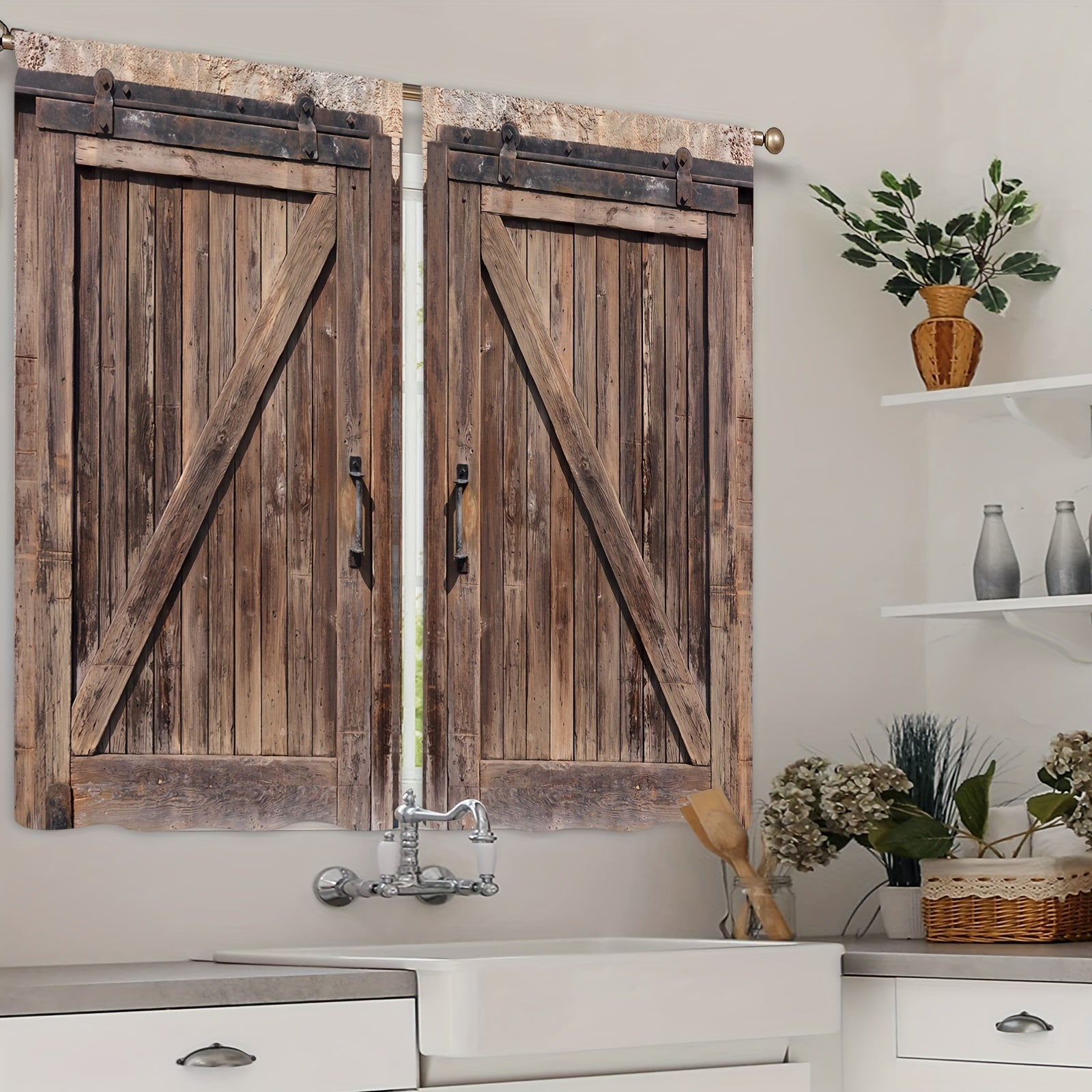 Vintage Barn Door Pattern Curtain Set 2 Blackout Kitchen Living Room Study