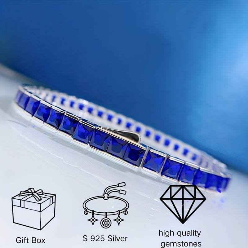 Ayollar uchun Princess-Cut Ko'k Toshlar bilan Sterling Silver Tennis Bilezik