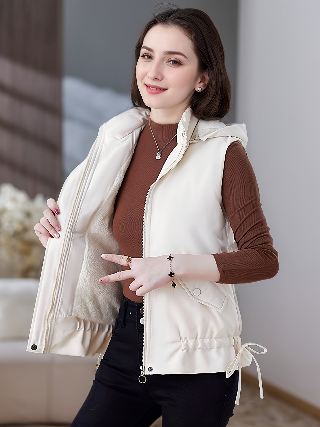 Women's Beige Hooded Puffer Vest Casual Warmth Polyester Lined